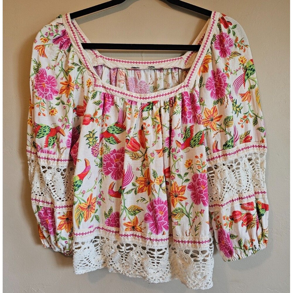 Rachel & Zoe Womens tropical print Parrots Long blouse Tunic linen blend S-M